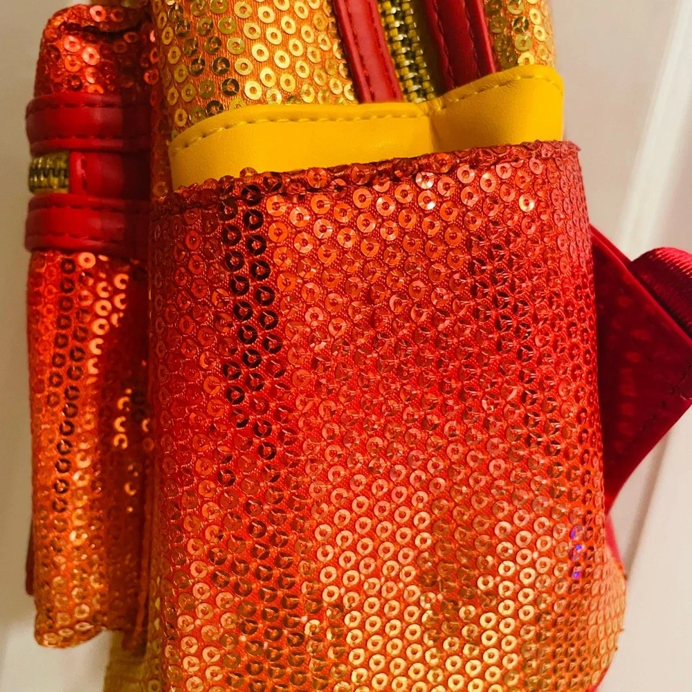 Loungefly Fall Sequin Ombré Minnie Red and Orange Sequin Backpack - Picture 3 of 16